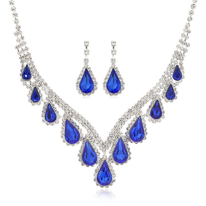 Sapphire Blue Crystal Clavicle Chain Two-piece Earrings Set