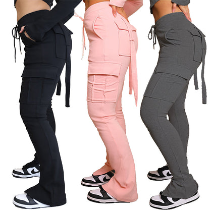 Cargo Pants With Pockets High Waist Drawstring Wide Leg Straight Trousers For Women Overalls